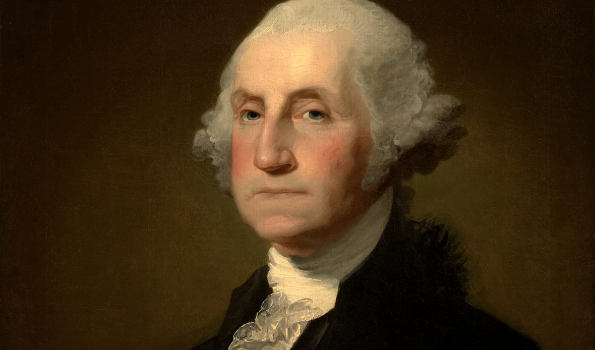 Gilbert Stuart's Williamstown portrait of George Washington, in a dark coat with a white cravat.