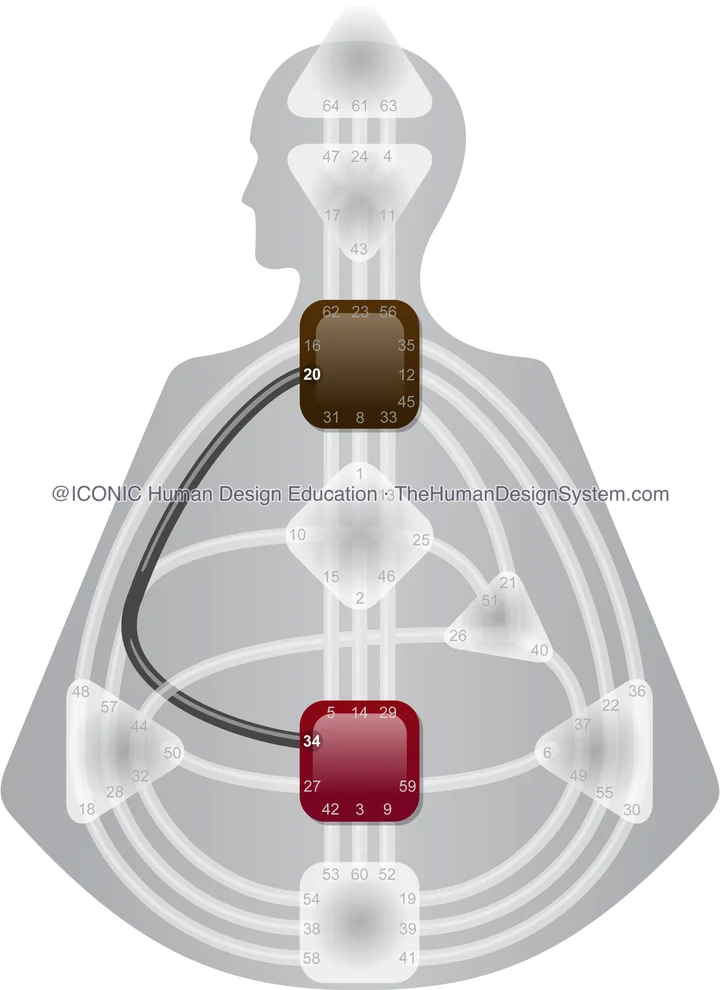 A Human Design bodygraph with the Sacral and Throat centers defined and the 20-34 Channel of Charisma drawn between them: the only pure Manifesting Generator channel.