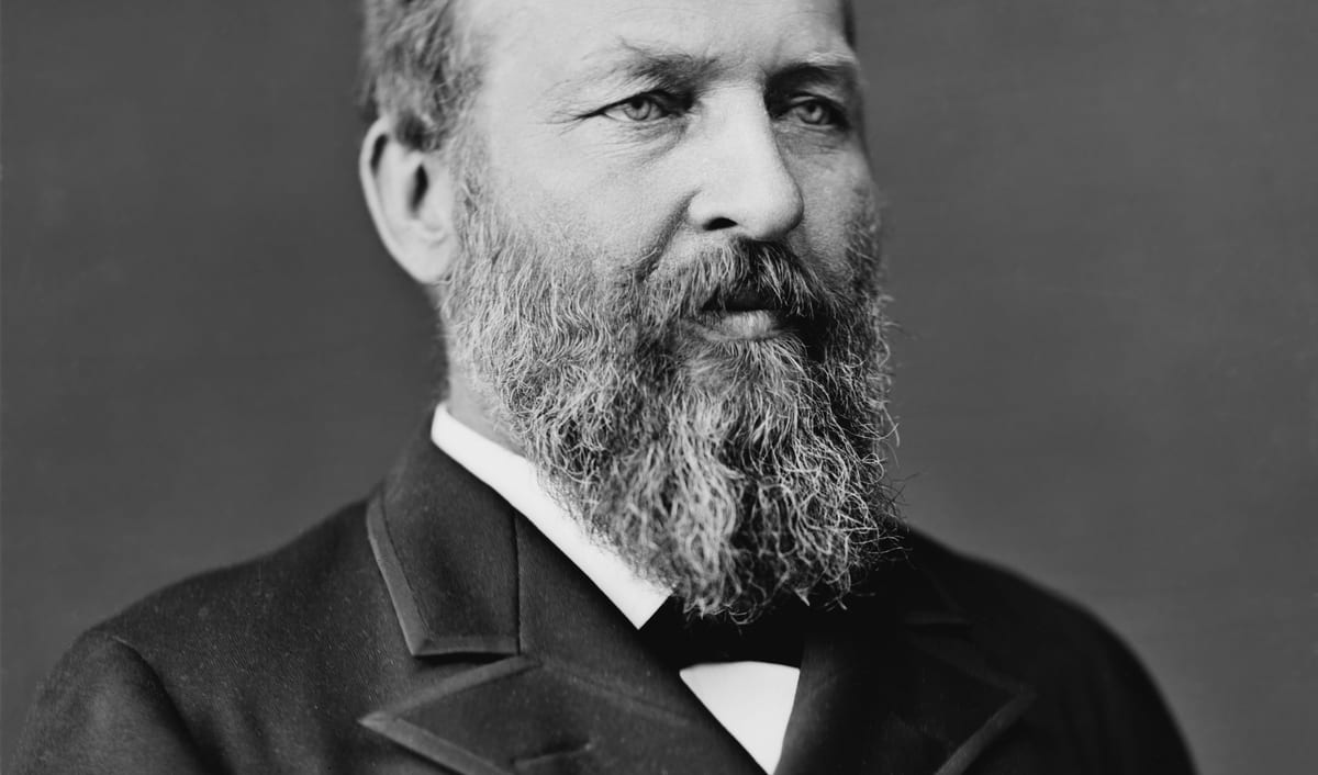 James A. Garfield in a seated photographic portrait, with a full beard and a dark coat.