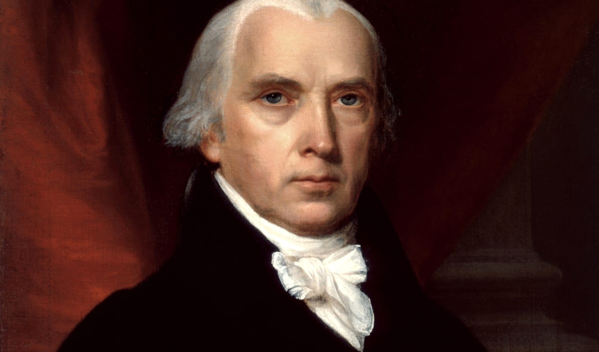 A painted portrait of James Madison, in a dark coat with a white cravat.