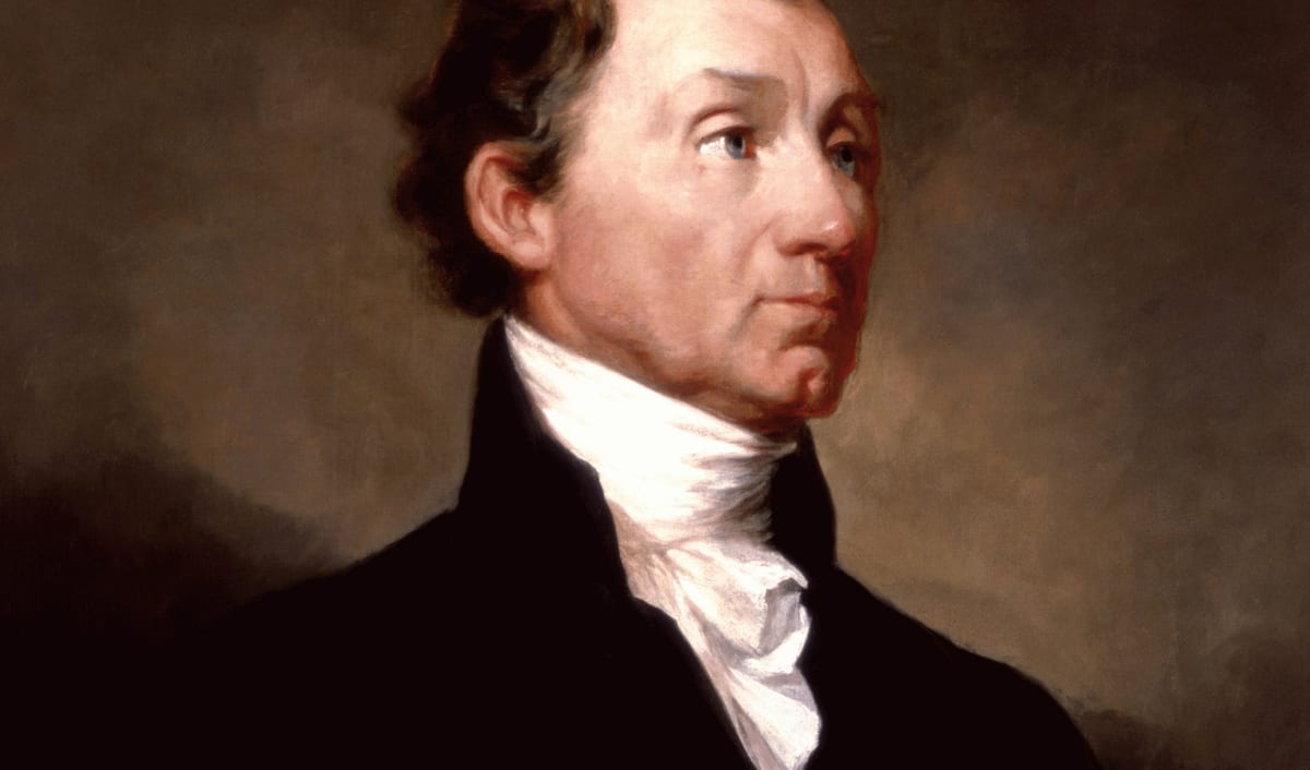 James Monroe's 1819 White House portrait, in a dark coat with a white cravat.