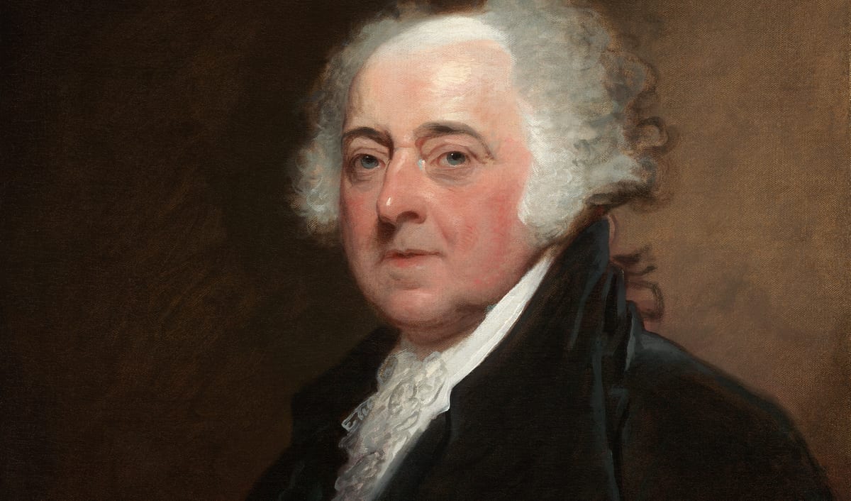 A painted portrait of John Adams, in a dark coat with a white cravat and powdered hair.