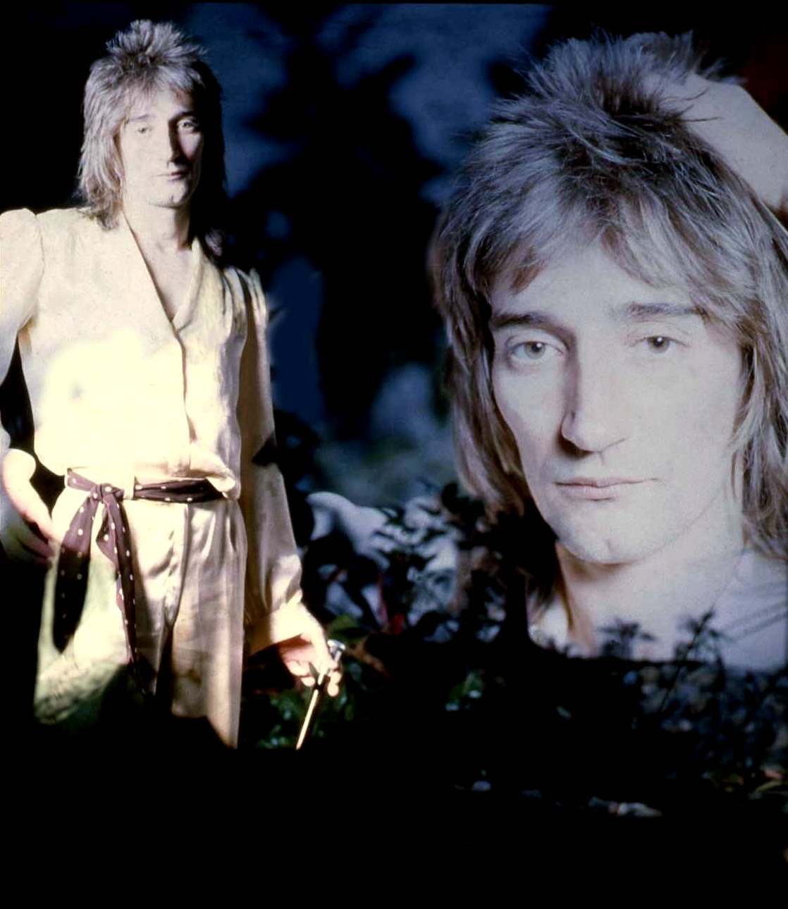 Rod Stewart photographed at his London home in 1972, head and shoulders, looking directly at the camera.