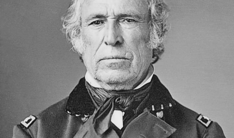 Zachary Taylor in a restored early photograph, in military uniform with epaulettes.
